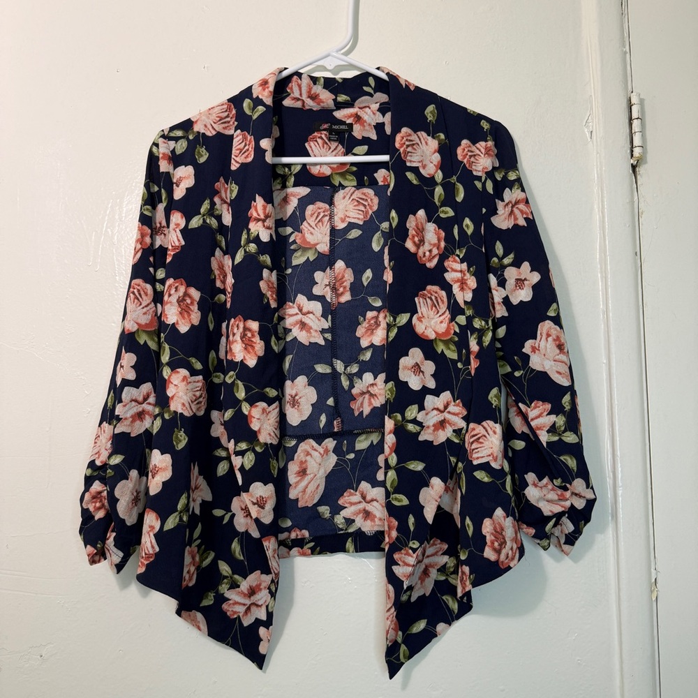 MICHEL Floral Open Front Ruched Sleeve Blazer Jacket